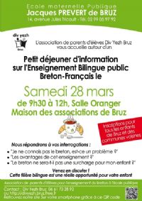 Petit déjeuner d'information sur l'enseignement bilingue public breton-français à Bruz. Le samedi 28 mars 2015 à Bruz. Ille-et-Vilaine.  09H30